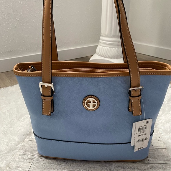 Giani Bernini Saffiano Leather Tote Handbag Blue Brown New - Picture 1 of 10